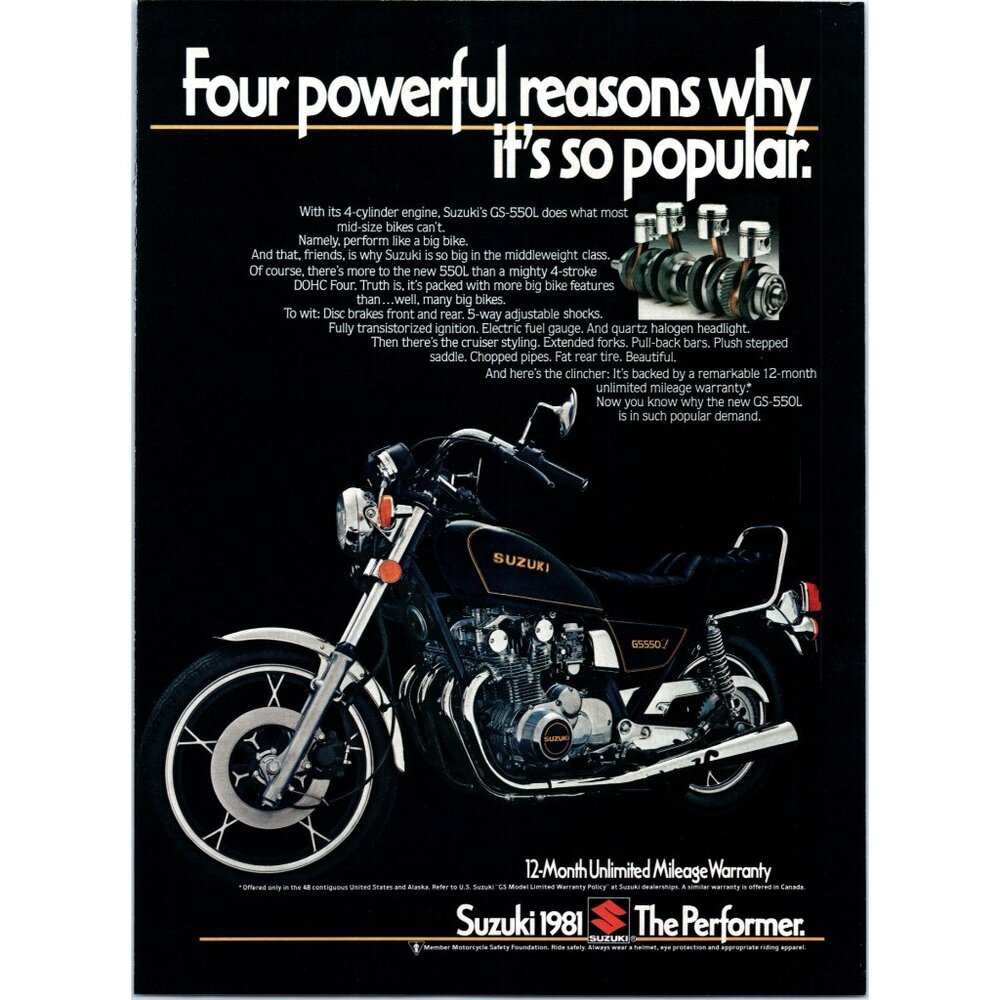 1981 Suzuki GS550L GS-550L Motorcycle Vintage Print Ad Cruiser 80s Wall Art